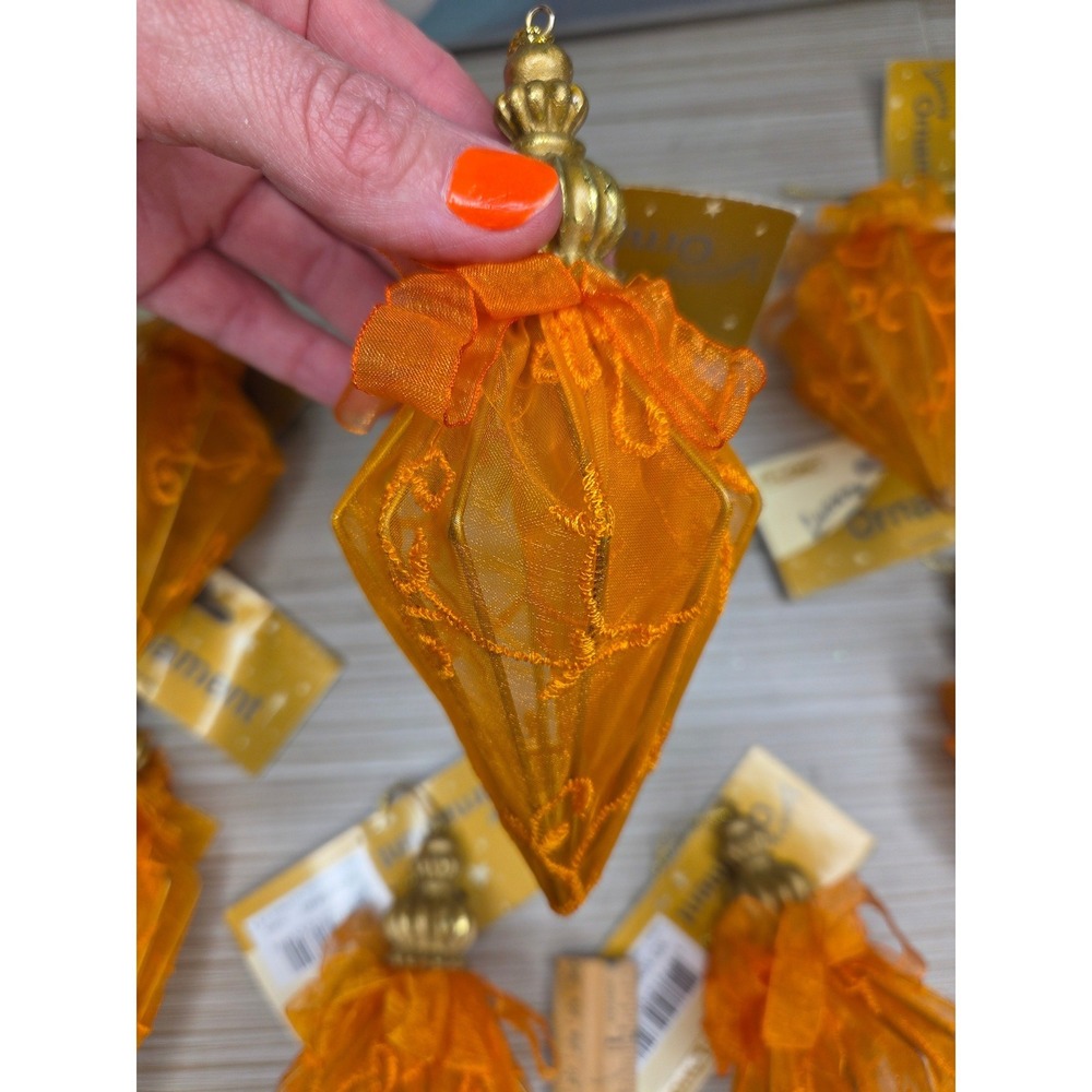 Luxury Ornaments Orange Organza Finial Diamond Gold Wire Halloween Easter Lot 7
